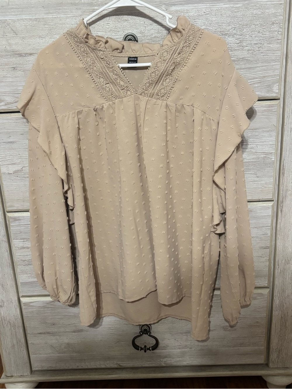 SHEIN Beige Swiss Dot Lace V-Neck Ruffle Long Sleeve Blouse